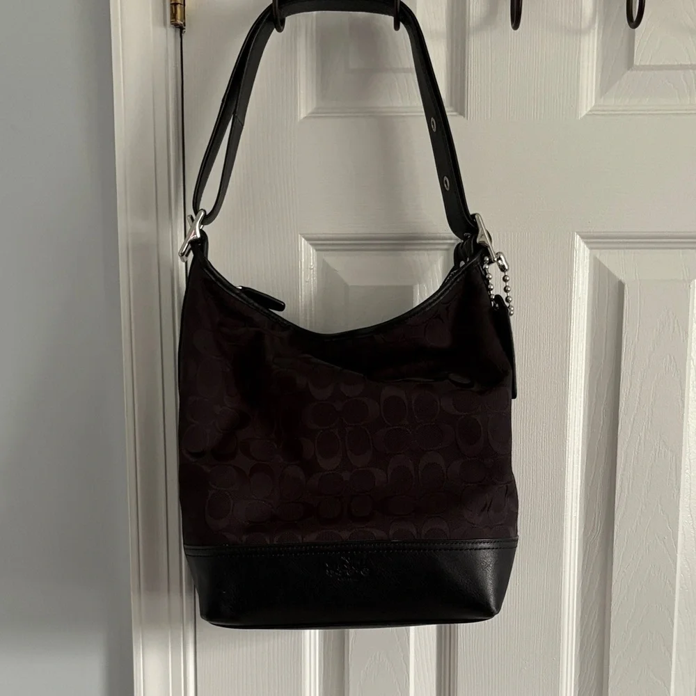 Coach Black Logo Fabric & Leather Shoulder Bag Adjustable Strap Zip Pockets